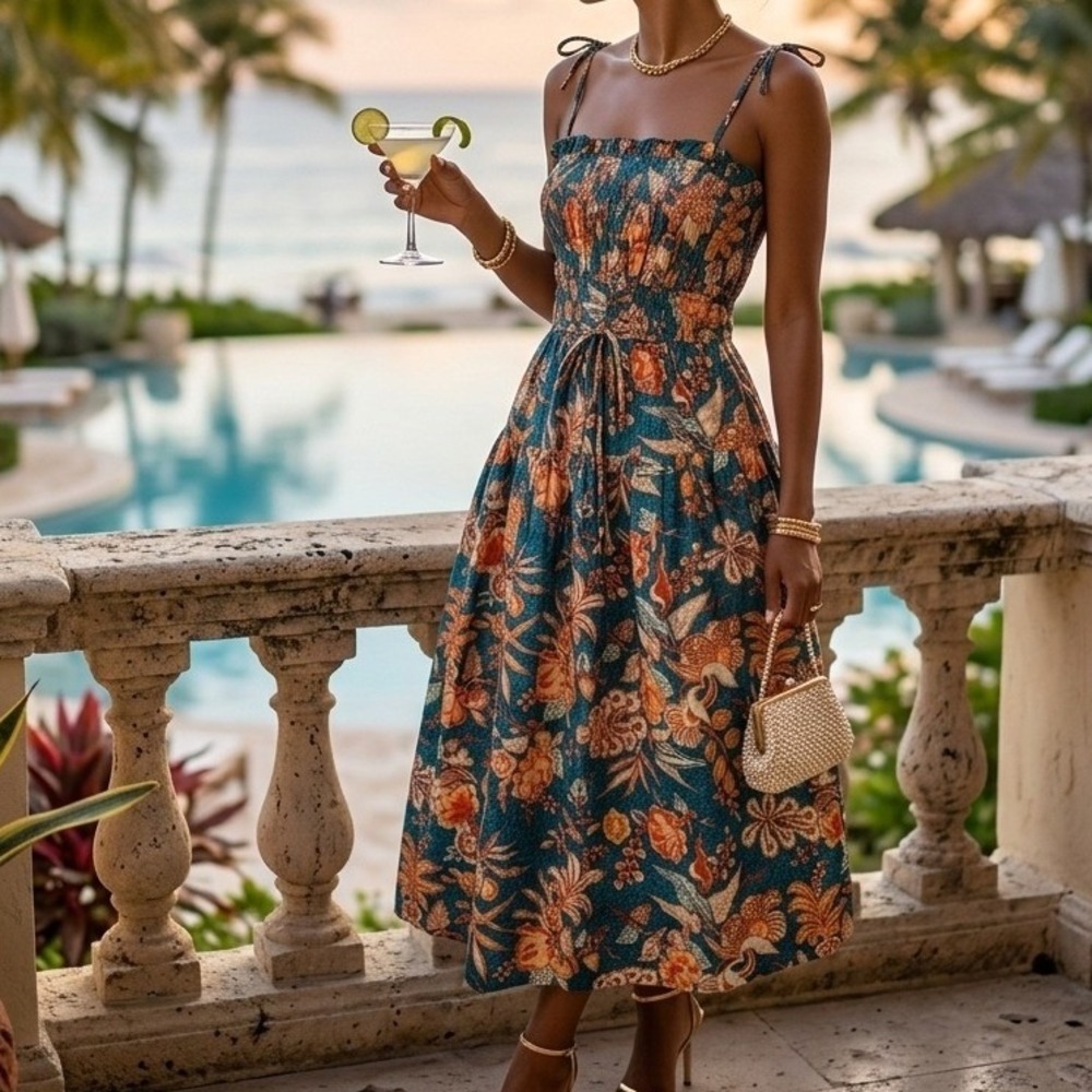 Ulla Johnson Lisbet Midi Dress 2 Teal Orange Floral Batik Smocked Tiered Cotton